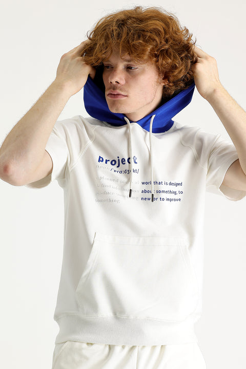 Off-white hooded short-sleeved printed cotton sweatshirt.