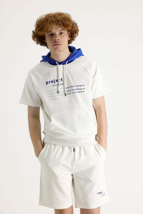 Off-white hooded short-sleeved printed cotton sweatshirt.