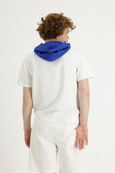 Off-white hooded short-sleeved printed cotton sweatshirt.
