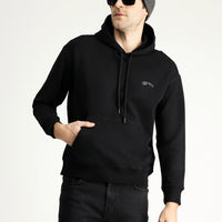 Siyah Kapüşonlu Baskılı Pamuklu Sweatshirt