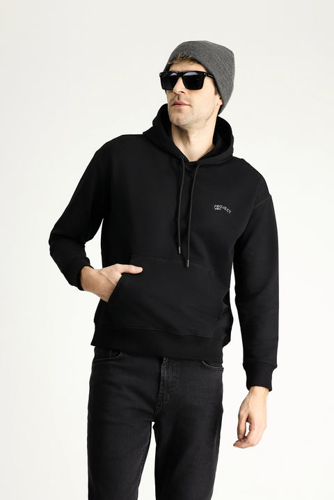 Siyah Kapüşonlu Baskılı Pamuklu Sweatshirt
