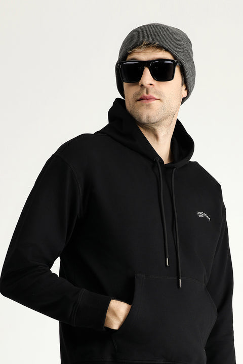 Siyah Kapüşonlu Baskılı Pamuklu Sweatshirt