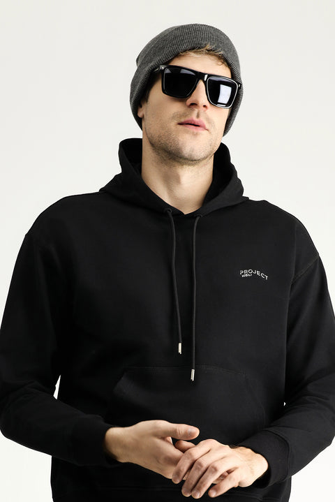 Siyah Kapüşonlu Baskılı Pamuklu Sweatshirt