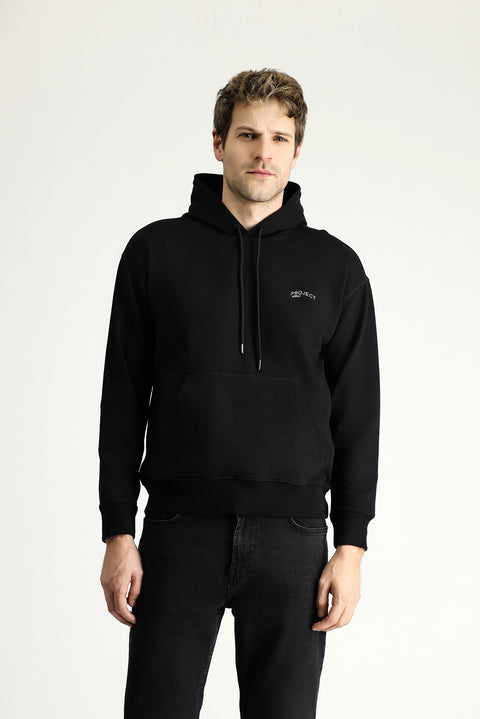 Siyah Kapüşonlu Baskılı Pamuklu Sweatshirt