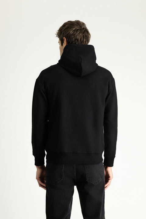 Siyah Kapüşonlu Baskılı Pamuklu Sweatshirt