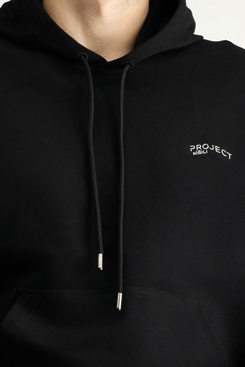 Siyah Kapüşonlu Baskılı Pamuklu Sweatshirt