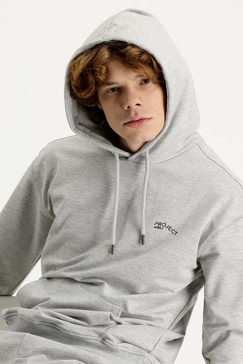 Medium Grey Melange Hooded Printed Cotton Sweatshirt