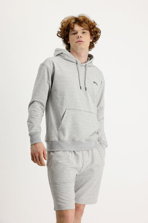 Medium Grey Melange Hooded Printed Cotton Sweatshirt