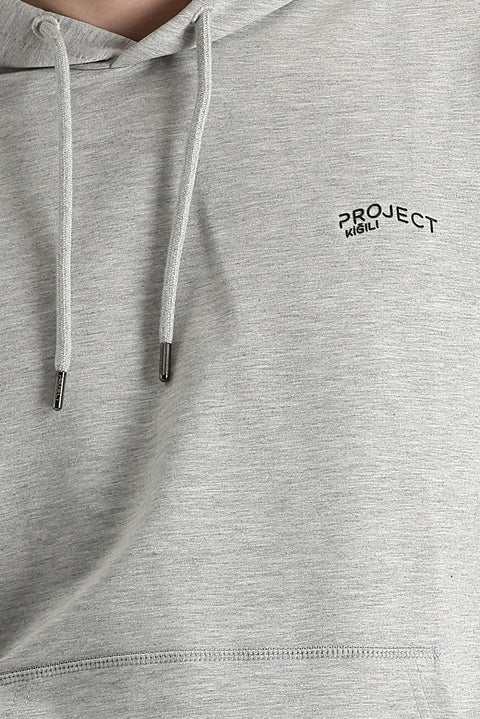 Medium Grey Melange Hooded Printed Cotton Sweatshirt