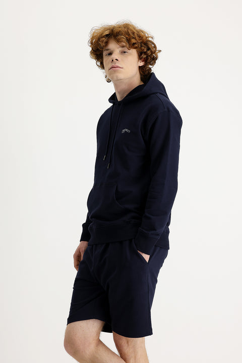 Orta Lacivert Kapüşonlu Baskılı Pamuklu Sweatshirt