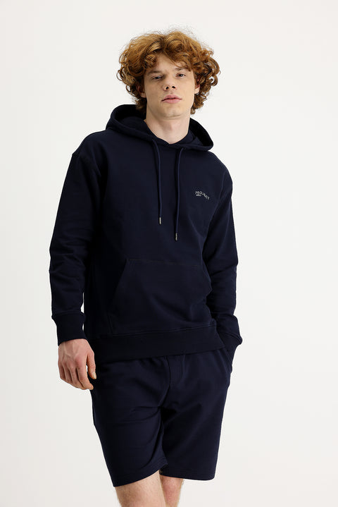 Orta Lacivert Kapüşonlu Baskılı Pamuklu Sweatshirt