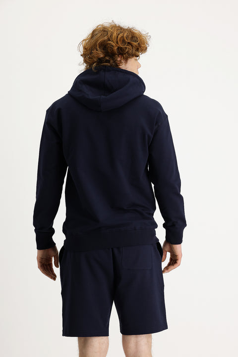 Orta Lacivert Kapüşonlu Baskılı Pamuklu Sweatshirt