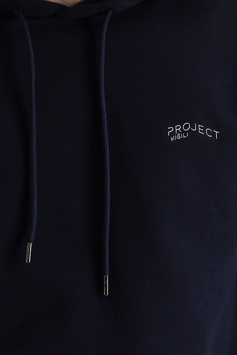 Orta Lacivert Kapüşonlu Baskılı Pamuklu Sweatshirt
