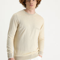 Medium Beige Crew Neck Slim Fit Narrow Cut Cotton Linen Blend Knit Sweater
