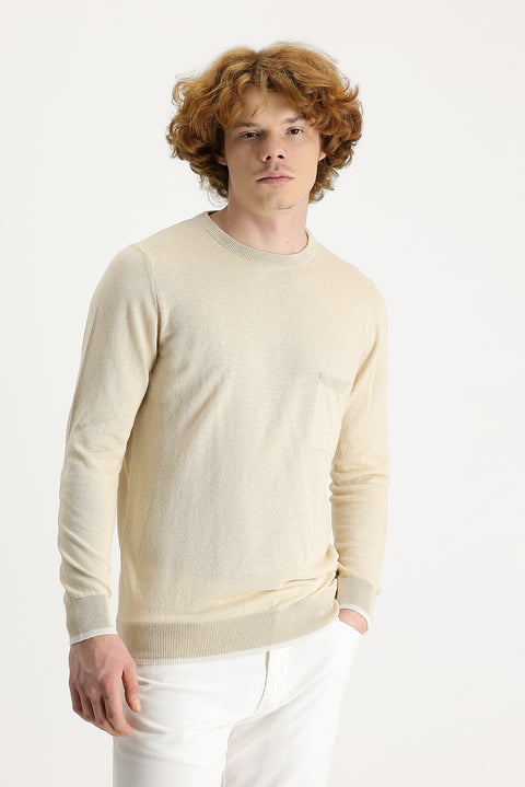 Medium Beige Crew Neck Slim Fit Narrow Cut Cotton Linen Blend Knit Sweater