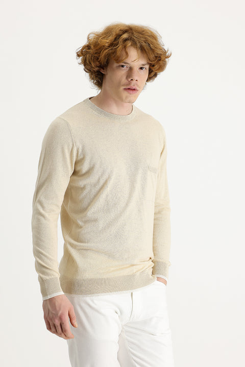 Medium Beige Crew Neck Slim Fit Narrow Cut Cotton Linen Blend Knit Sweater