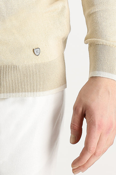 Medium Beige Crew Neck Slim Fit Narrow Cut Cotton Linen Blend Knit Sweater