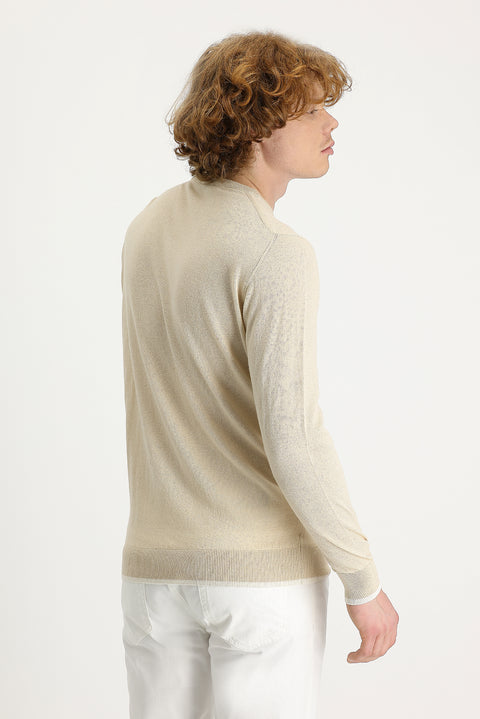Medium Beige Crew Neck Slim Fit Narrow Cut Cotton Linen Blend Knit Sweater