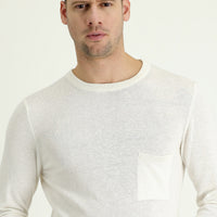 White Crew Neck Slim Fit Narrow Cut Cotton Linen Blend Knit Sweater