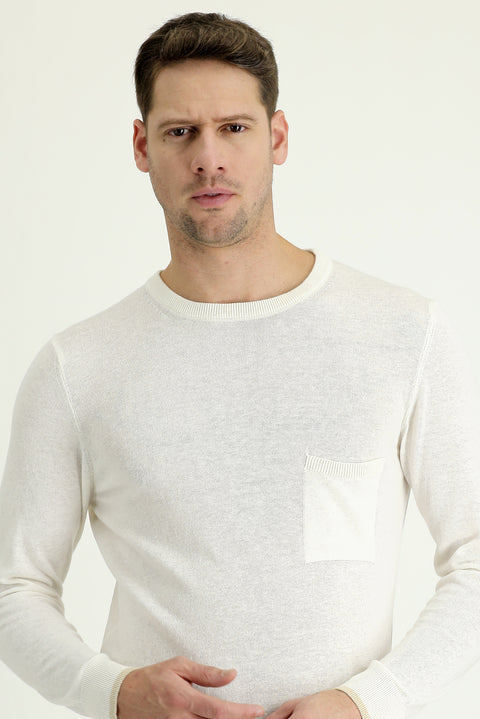 White Crew Neck Slim Fit Narrow Cut Cotton Linen Blend Knit Sweater