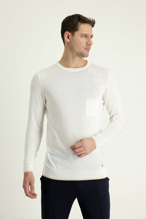 White Crew Neck Slim Fit Narrow Cut Cotton Linen Blend Knit Sweater