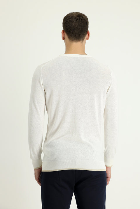 White Crew Neck Slim Fit Narrow Cut Cotton Linen Blend Knit Sweater
