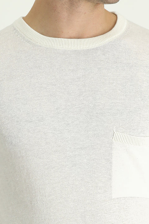 White Crew Neck Slim Fit Narrow Cut Cotton Linen Blend Knit Sweater