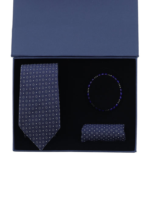 Dark Navy Blue 3-Piece Tie, Pocket Square, and Bracelet Set