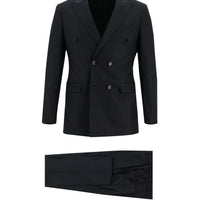 Black 7 Drop Slim Fit Narrow Cut Double-Breasted Elasticated Waist Drawstring Striped Suit