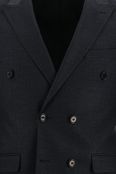 Black 7 Drop Slim Fit Narrow Cut Double-Breasted Elasticated Waist Drawstring Striped Suit