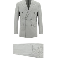 Orta Gri 7 Drop Slim Fit Dar Kesim Kruvaze Çizgili Keten Karışımlı Takım Elbise