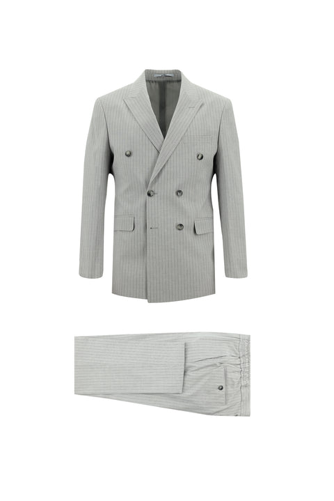 Orta Gri 7 Drop Slim Fit Dar Kesim Kruvaze Çizgili Keten Karışımlı Takım Elbise