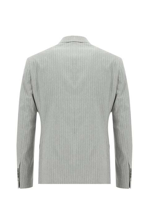 Orta Gri 7 Drop Slim Fit Dar Kesim Kruvaze Çizgili Keten Karışımlı Takım Elbise