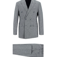 Orta Lacivert 7 Drop Slim Fit Dar Kesim Kruvaze Beli Lastikli İpli Çizgili Keten Takım Elbise