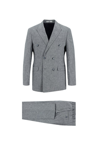  Orta Lacivert 7 Drop Slim Fit Dar Kesim Kruvaze Beli Lastikli İpli Çizgili Keten Takım Elbise