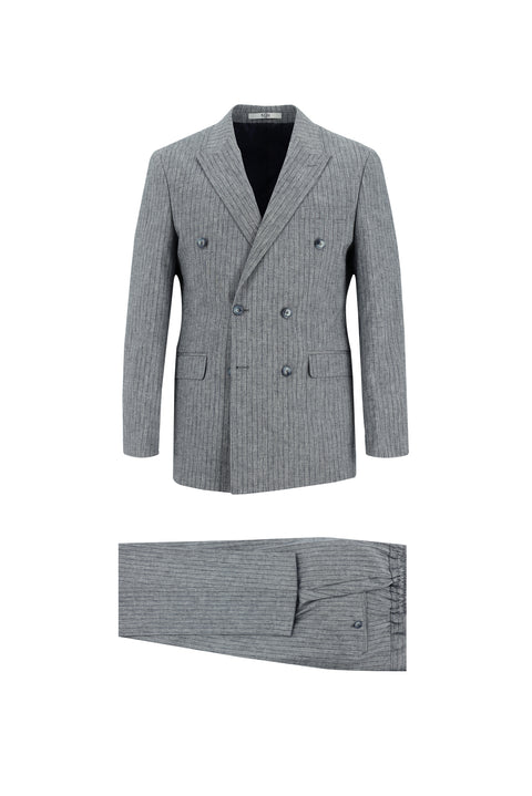 Orta Lacivert 7 Drop Slim Fit Dar Kesim Kruvaze Beli Lastikli İpli Çizgili Keten Takım Elbise