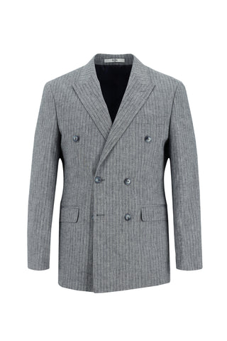  Orta Lacivert 7 Drop Slim Fit Dar Kesim Kruvaze Beli Lastikli İpli Çizgili Keten Takım Elbise
