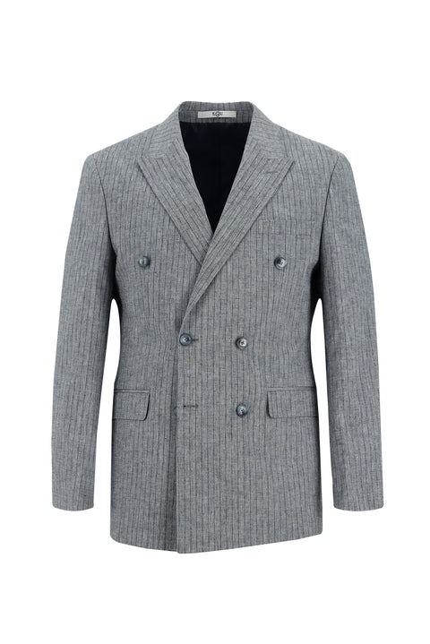 Orta Lacivert 7 Drop Slim Fit Dar Kesim Kruvaze Beli Lastikli İpli Çizgili Keten Takım Elbise