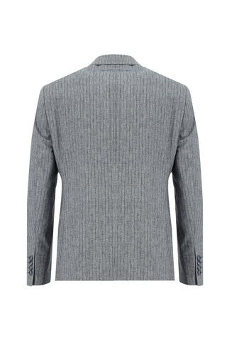  Orta Lacivert 7 Drop Slim Fit Dar Kesim Kruvaze Beli Lastikli İpli Çizgili Keten Takım Elbise