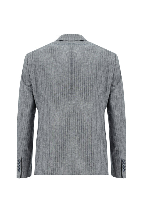 Orta Lacivert 7 Drop Slim Fit Dar Kesim Kruvaze Beli Lastikli İpli Çizgili Keten Takım Elbise