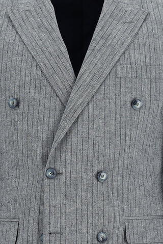  Orta Lacivert 7 Drop Slim Fit Dar Kesim Kruvaze Beli Lastikli İpli Çizgili Keten Takım Elbise