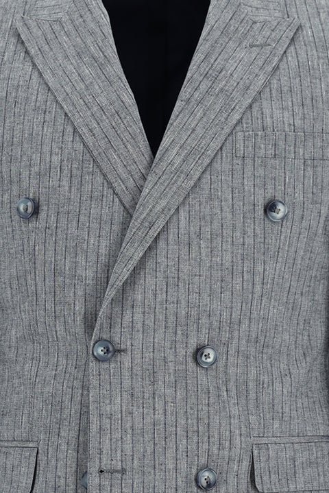 Orta Lacivert 7 Drop Slim Fit Dar Kesim Kruvaze Beli Lastikli İpli Çizgili Keten Takım Elbise