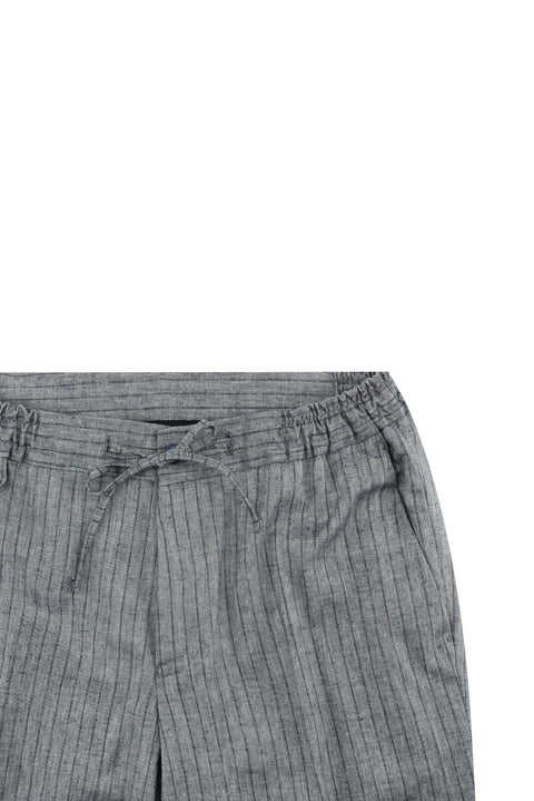 Orta Lacivert 7 Drop Slim Fit Dar Kesim Kruvaze Beli Lastikli İpli Çizgili Keten Takım Elbise