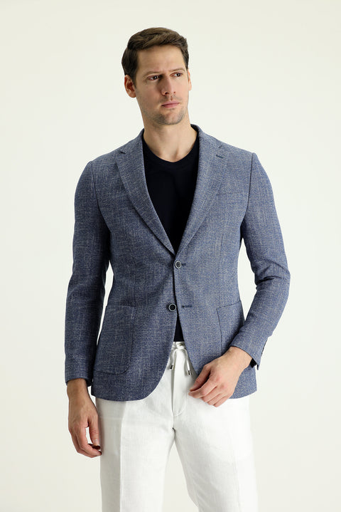 Medium Navy 4 Drop Relaxed Fit Patterned Sport Jacket