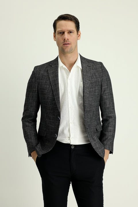 Black 7 Drop Slim Fit Patterned Linen Blend Jacket