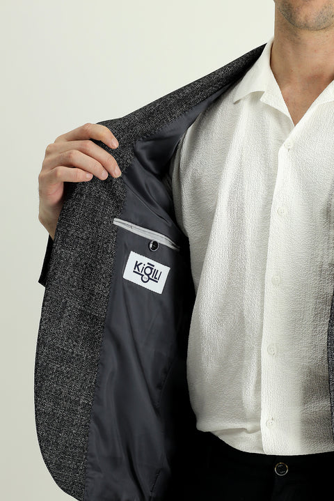 Black 7 Drop Slim Fit Patterned Linen Blend Jacket