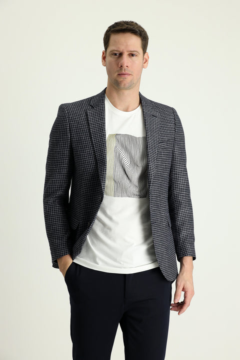 Dark Navy 7 Drop Slim Fit Patterned Linen Jacket