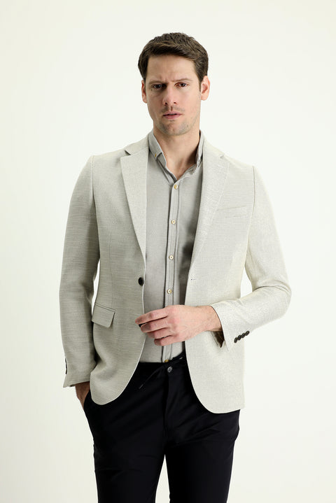 Cream 7 Drop Slim Fit Patterned Cotton Linen Sport Jacket