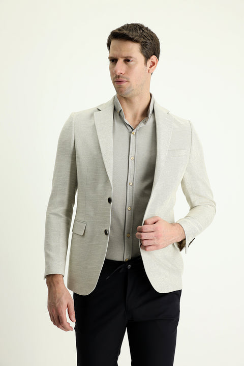 Cream 7 Drop Slim Fit Patterned Cotton Linen Sport Jacket