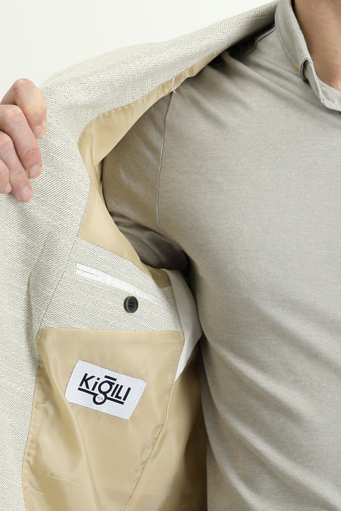 Cream 7 Drop Slim Fit Patterned Cotton Linen Sport Jacket